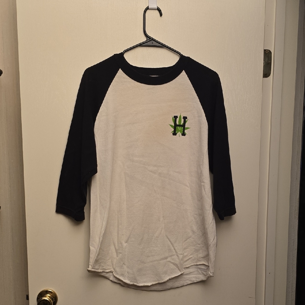 HUF Mens Black and White Raglan Tee with Green Logo